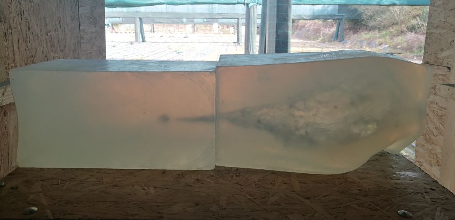 Proyectiles de cobre vs plomo Efecto de la munición con plomo sobre bloques jabón balístico a 50 m. Vista lateral.